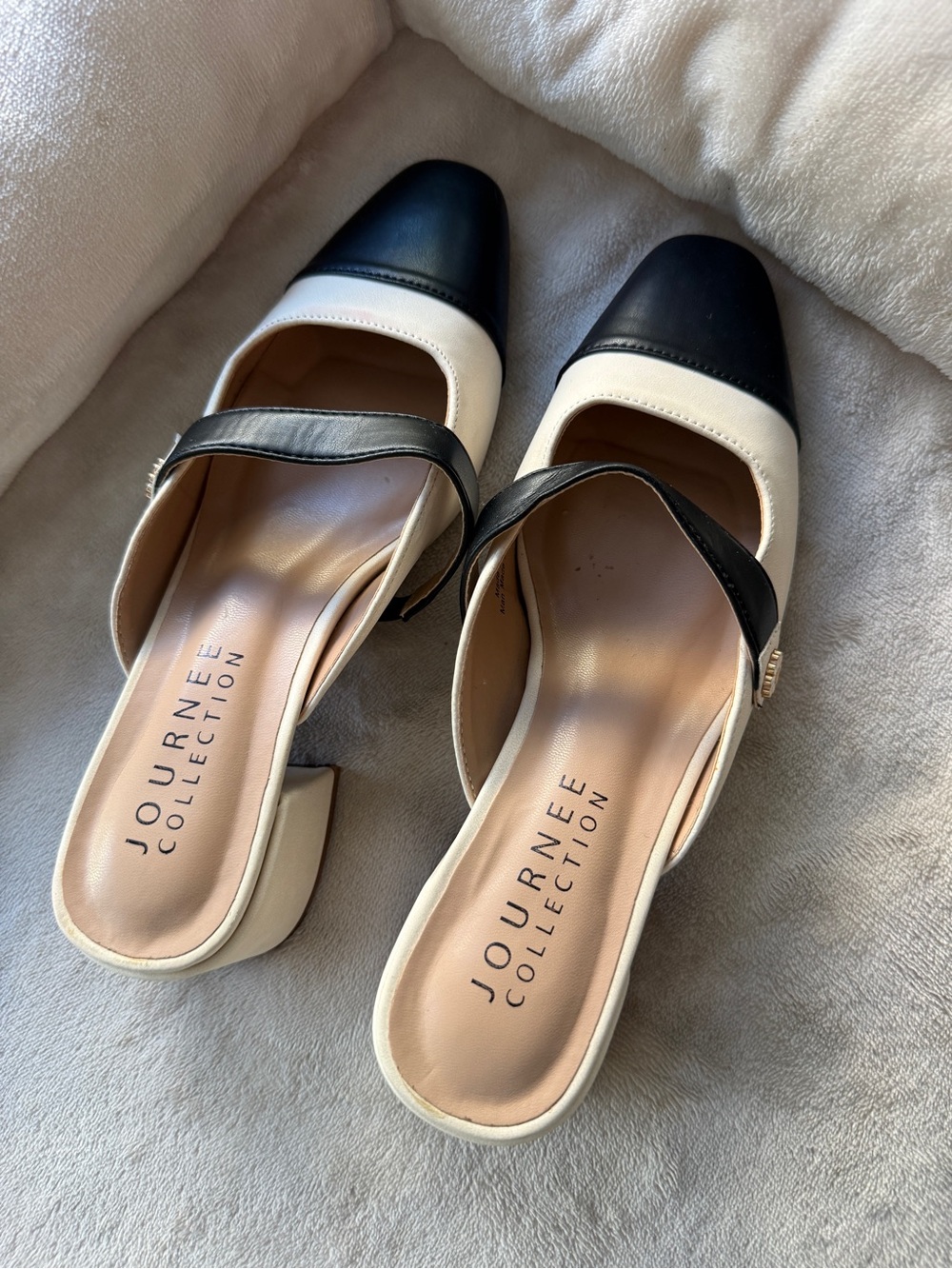 Journee Collection Black and Cream Mary Jane Block Heel Mules